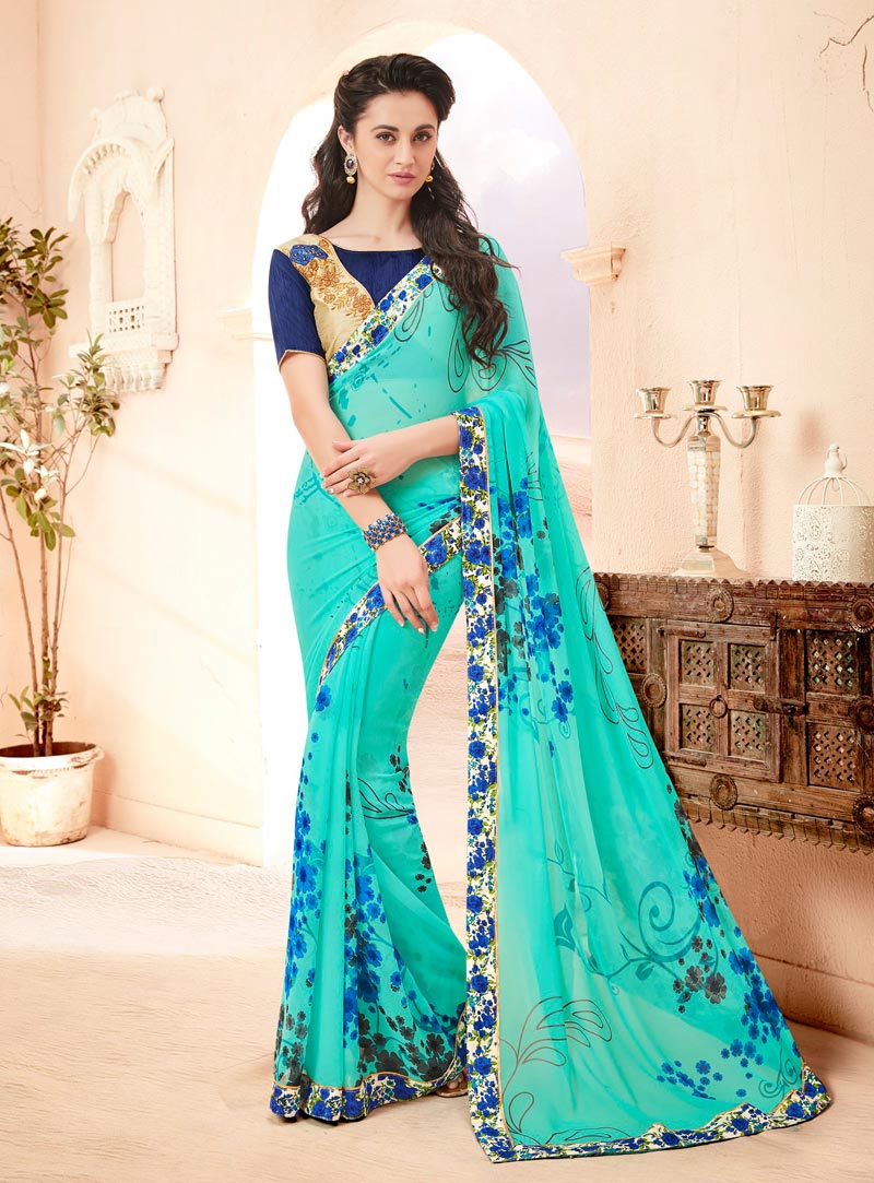 Turquoise Georgette Printed Saree With Blouse  85294