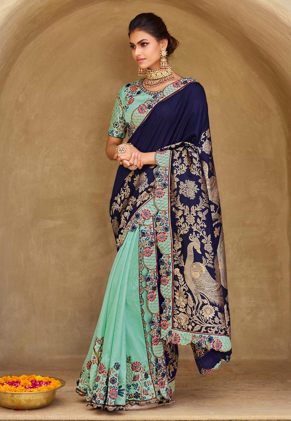 Navy Blue Silk Half N Half Saree 271666