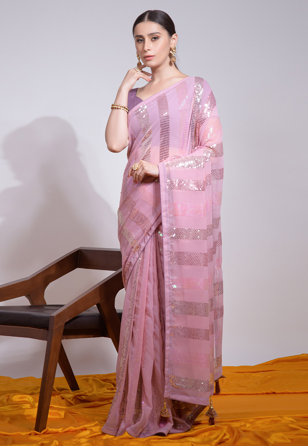 Enchanting Rose Gold Pink And Silver Silk Saree With Embroidered Pink Blouse  – RawaazFashion