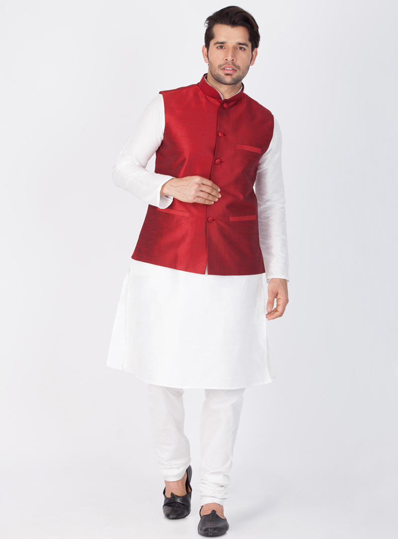 White Cotton Readymade Kurta Pajama With Jacket 143312