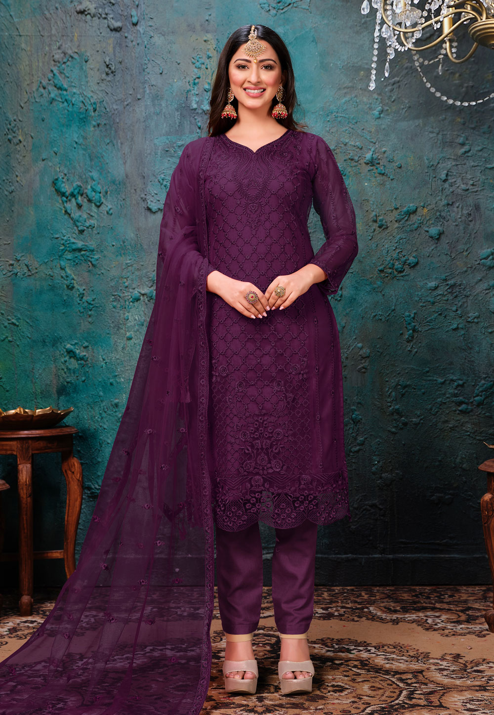 Purple Net Embroidered Pant Style Suit 216888