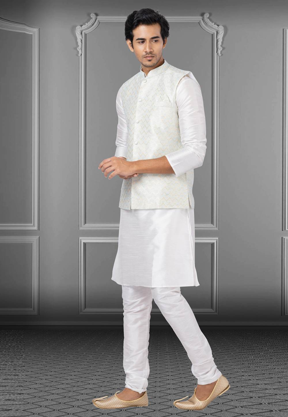 White kurta pajama with jacket new arrivals