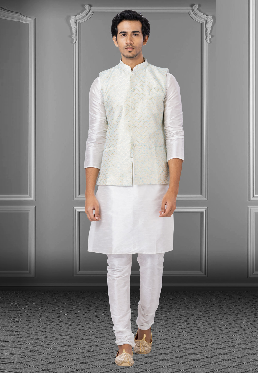 White Dupion Raw Silk Kurta Pajama With Jacket 250180