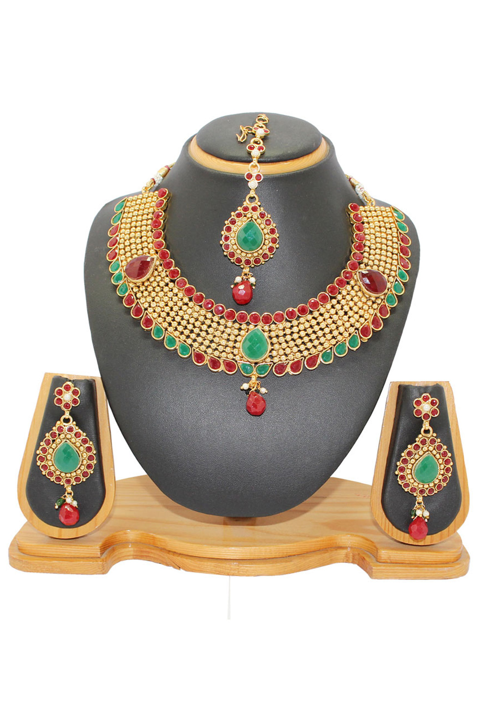 Maroon Copper Austrian Diamonds Necklace With Earrings and Maang Tikka 64329