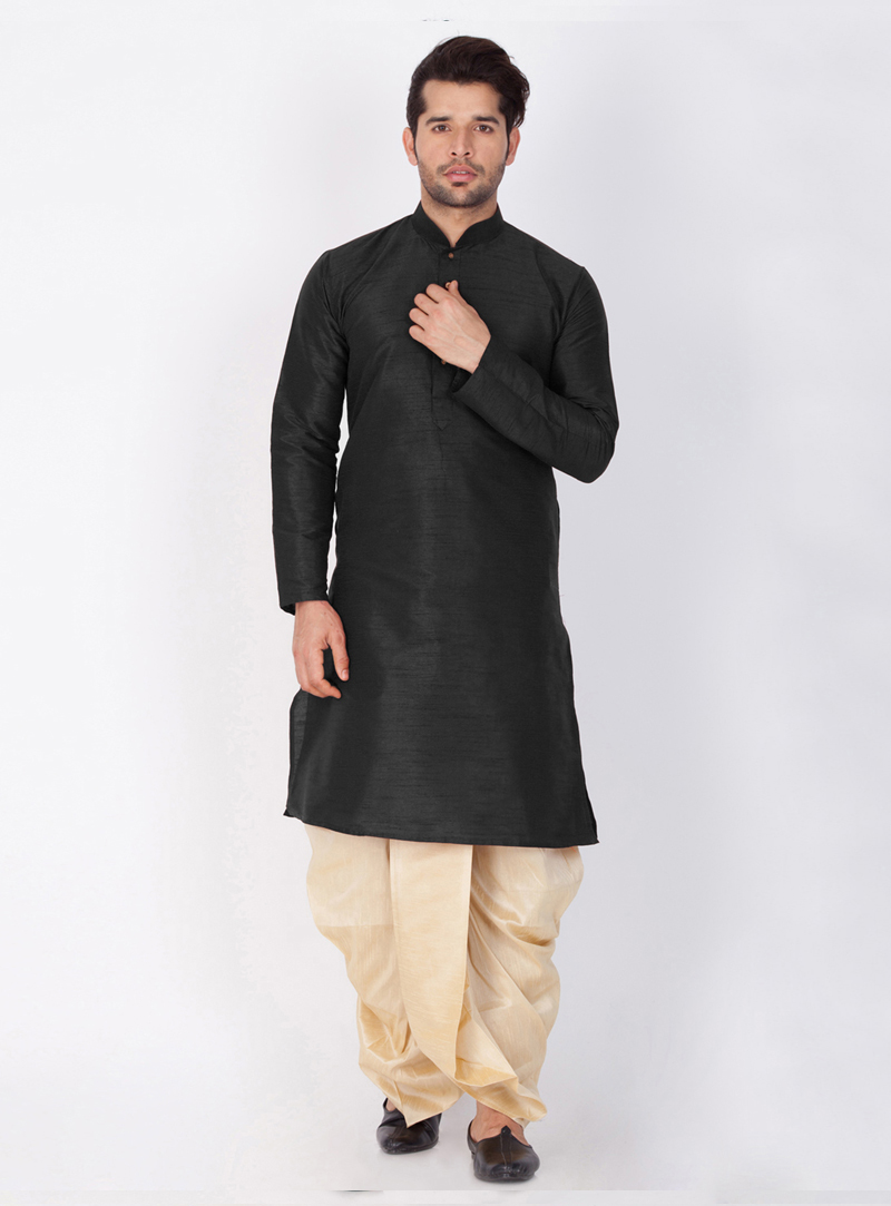 Black Cotton Silk Readymade Dhoti Kurta 144053