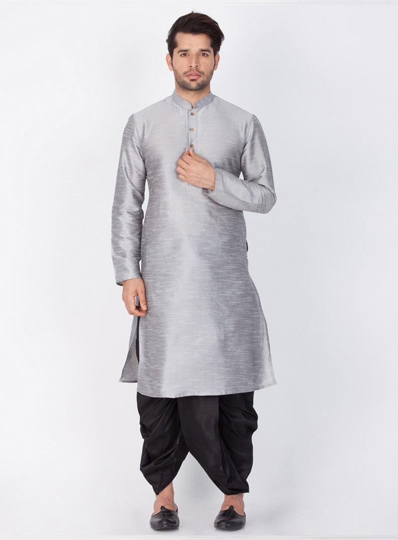 Grey Cotton Silk Readymade Dhoti Kurta 144058