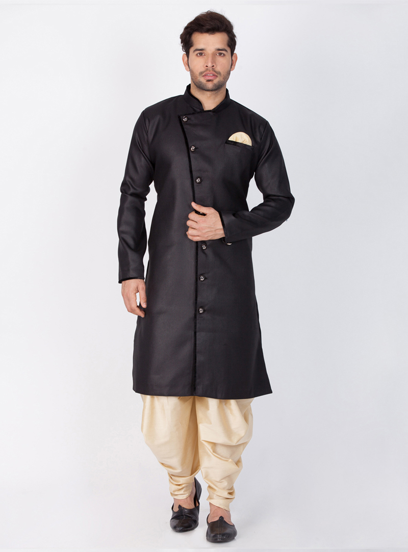 Black Cotton Silk Readymade Dhoti Kurta 144070