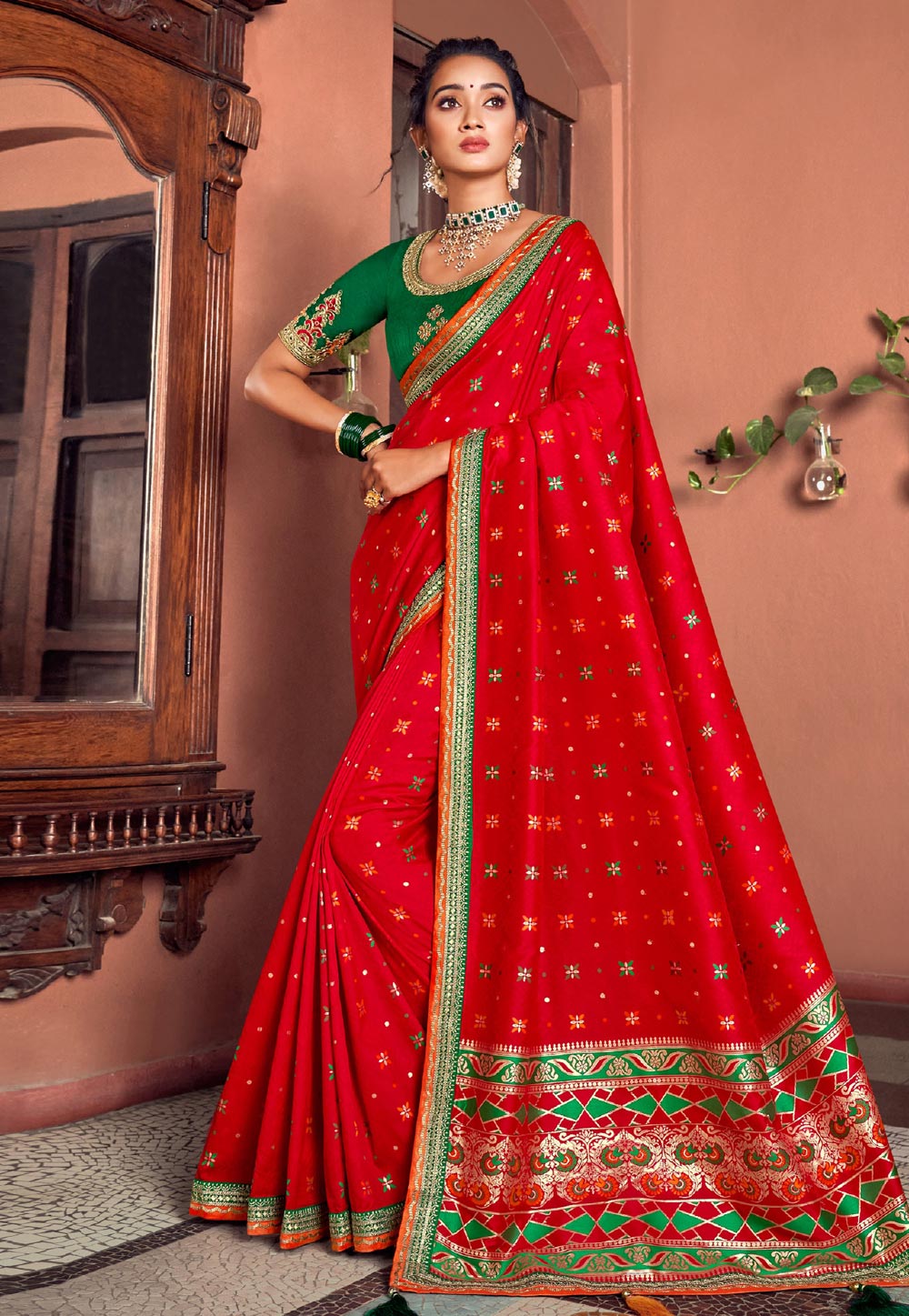 Red Silk Embroidered Saree 246019