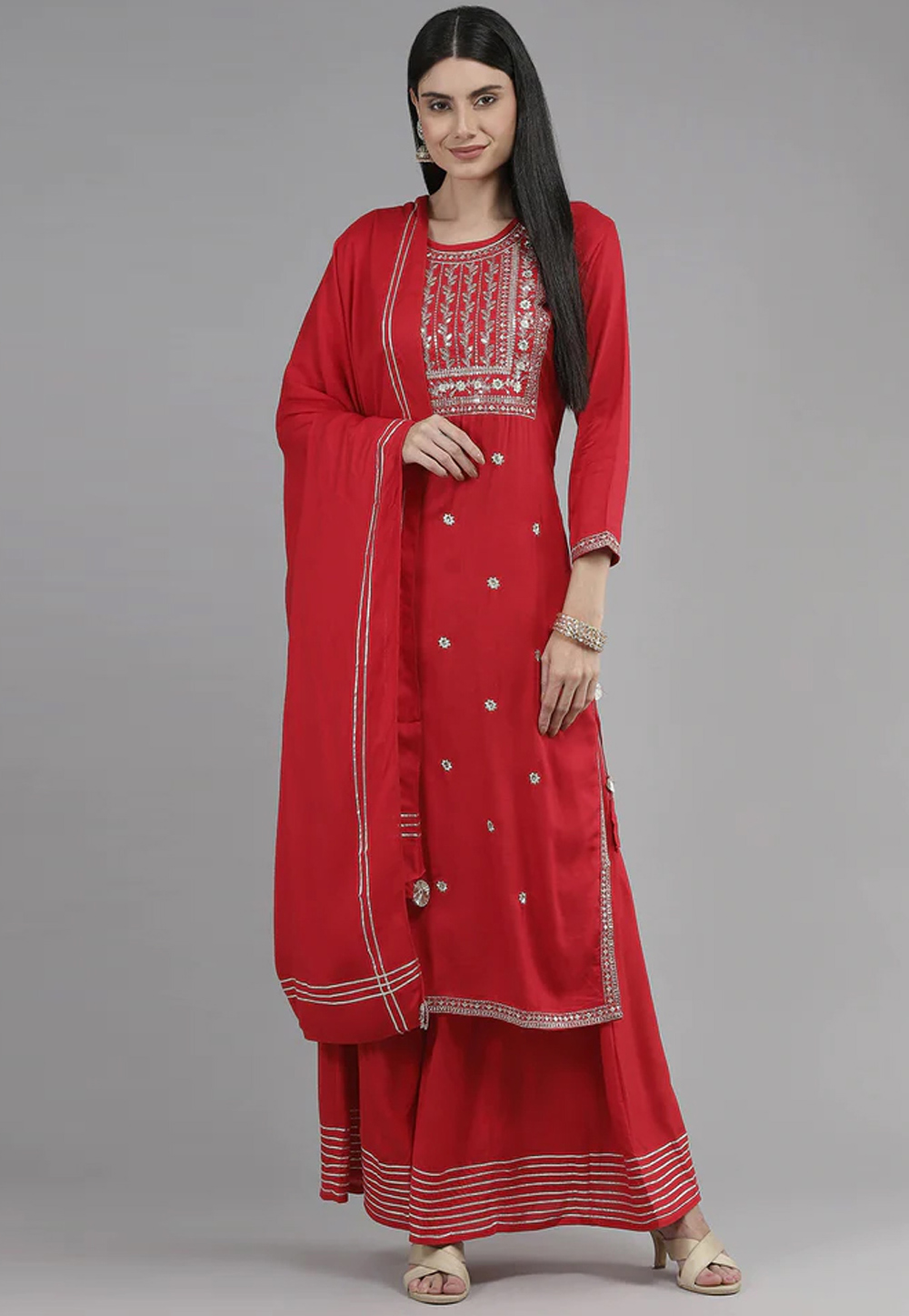 Red Rayon Readymade Palazzo Suit 250253