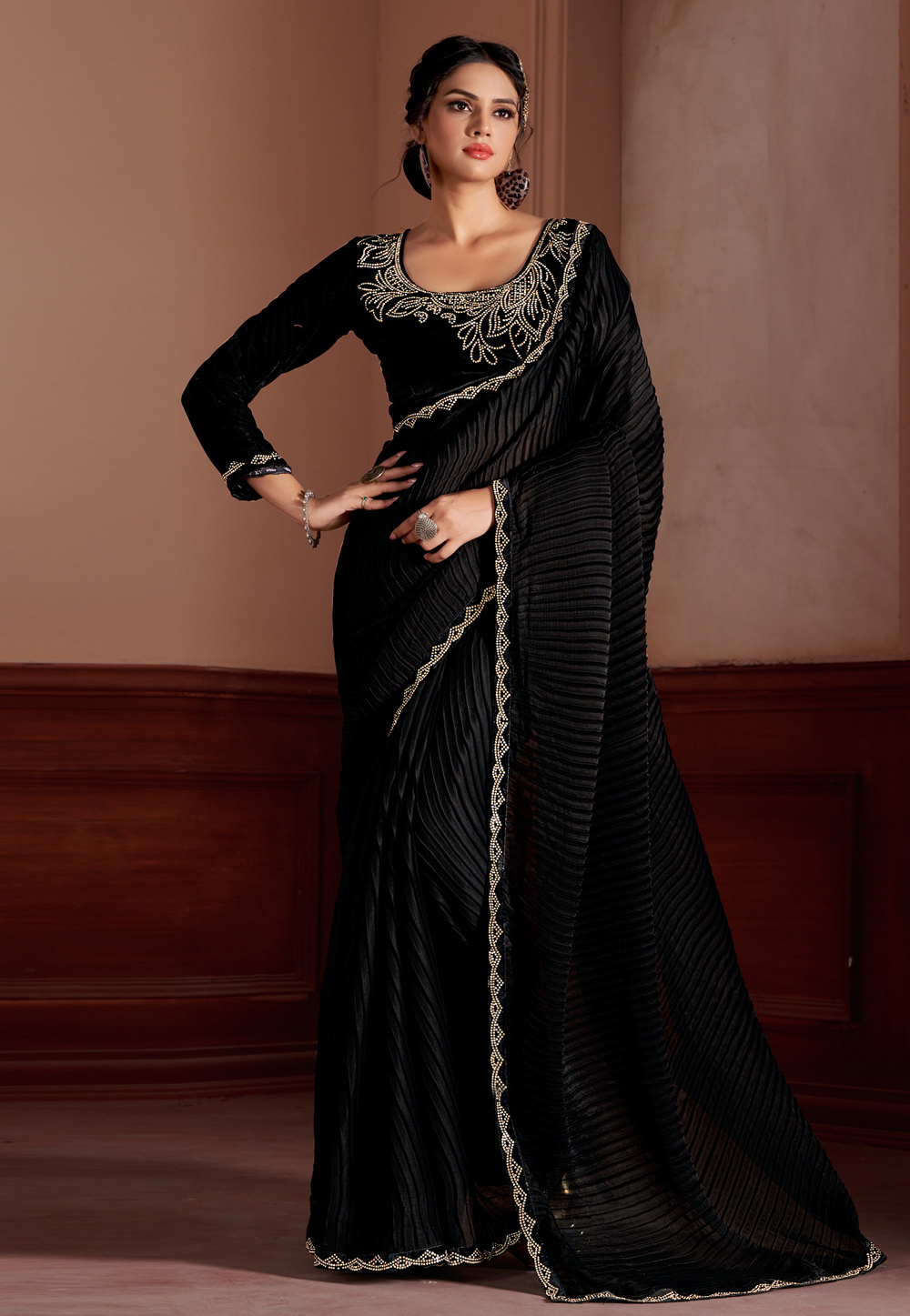 Black Satin Silk Saree With Blouse 246343