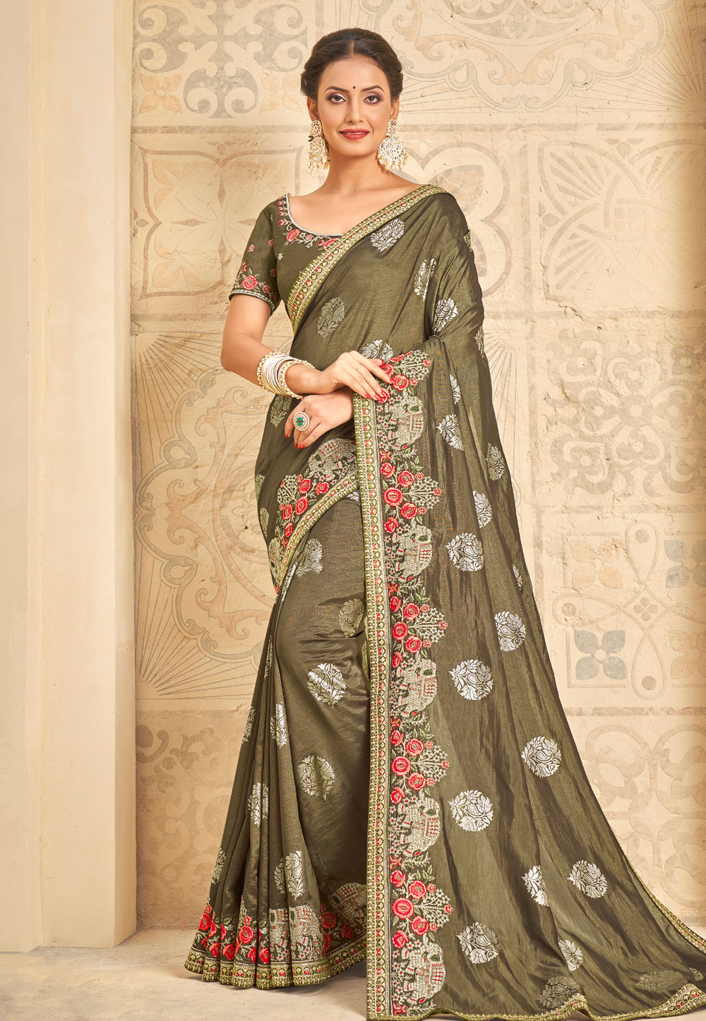 Mehndi Silk Saree With Blouse 274134