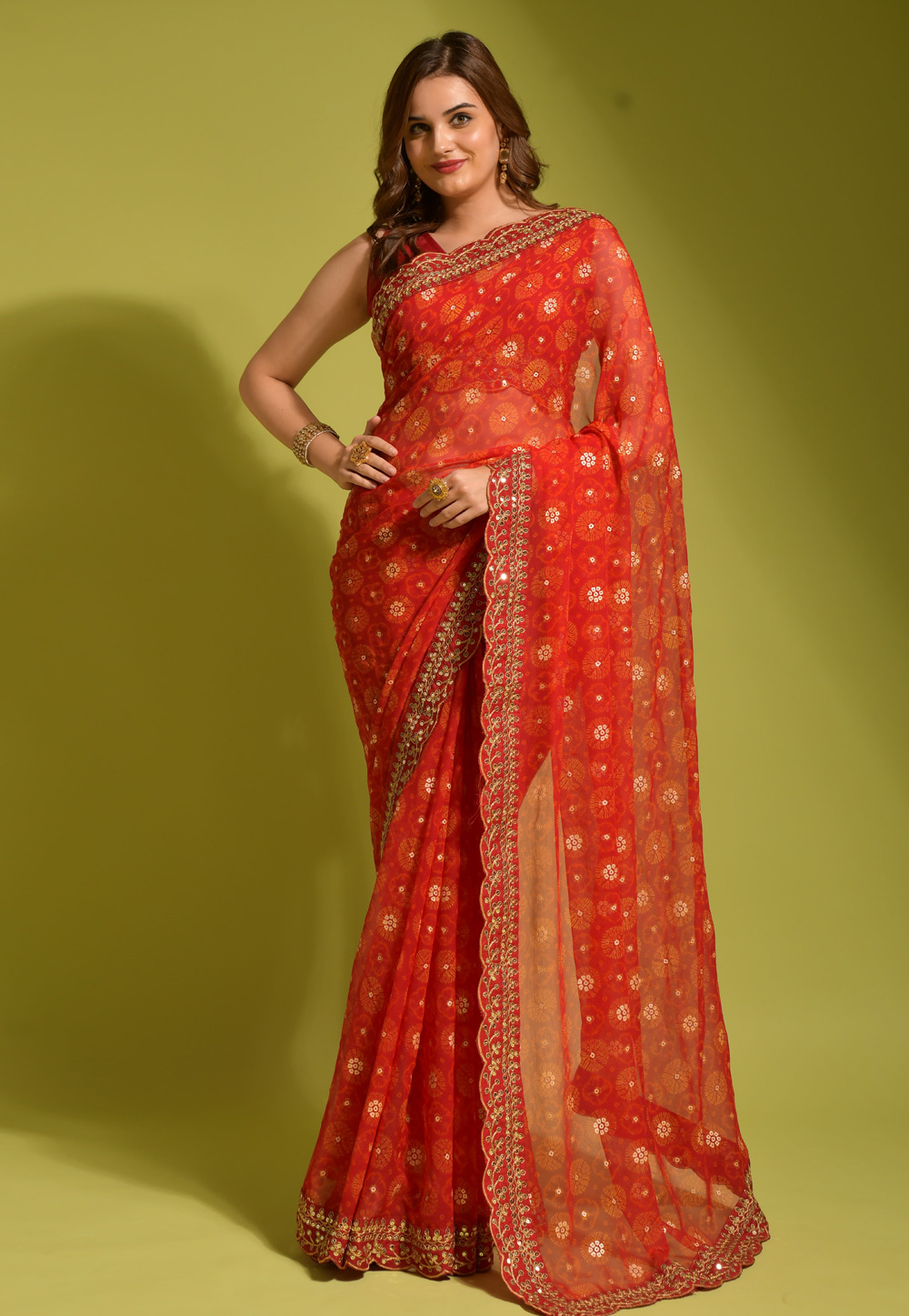Red Georgette Chiffon Saree With Blouse 255701