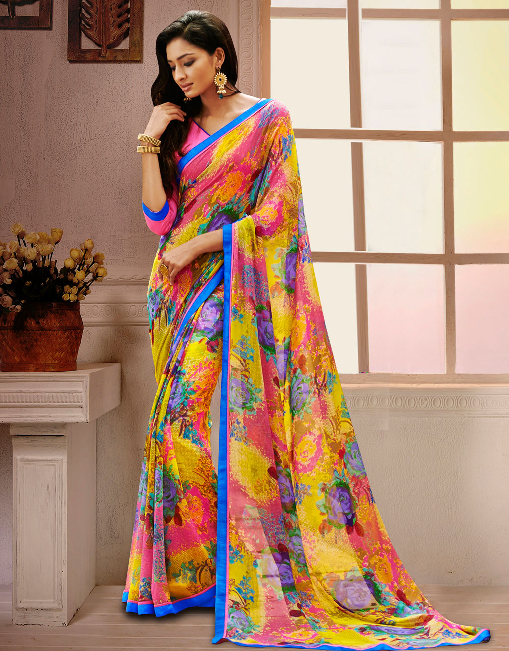 Yellow Georgette Printed Saree With Blouse 58191