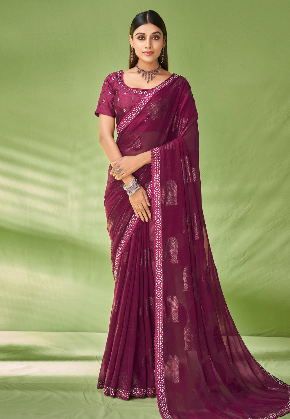 Wine Georgette Saree With Blouse 258049