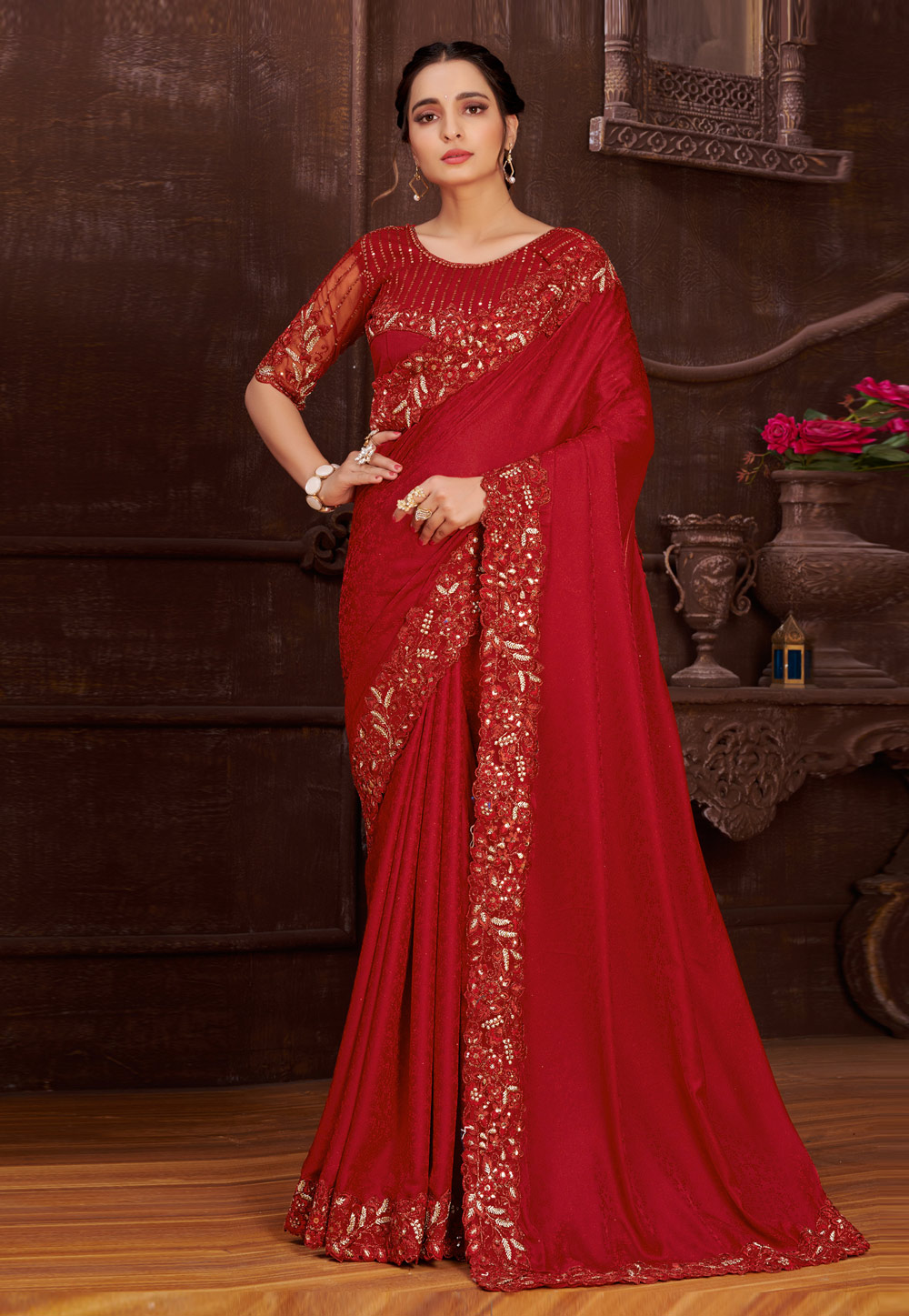 Red Satin Jacquard Saree With Blouse 245520