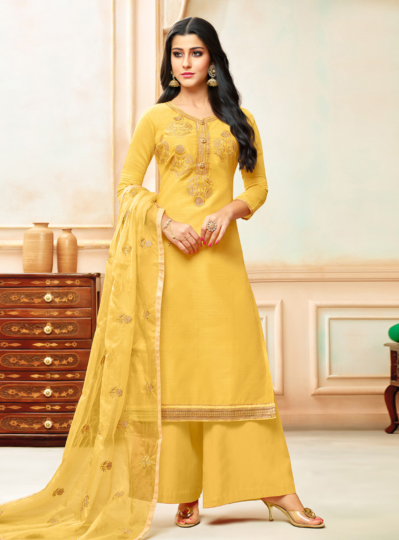 Yellow Silk Palazzo Style Suit 143356