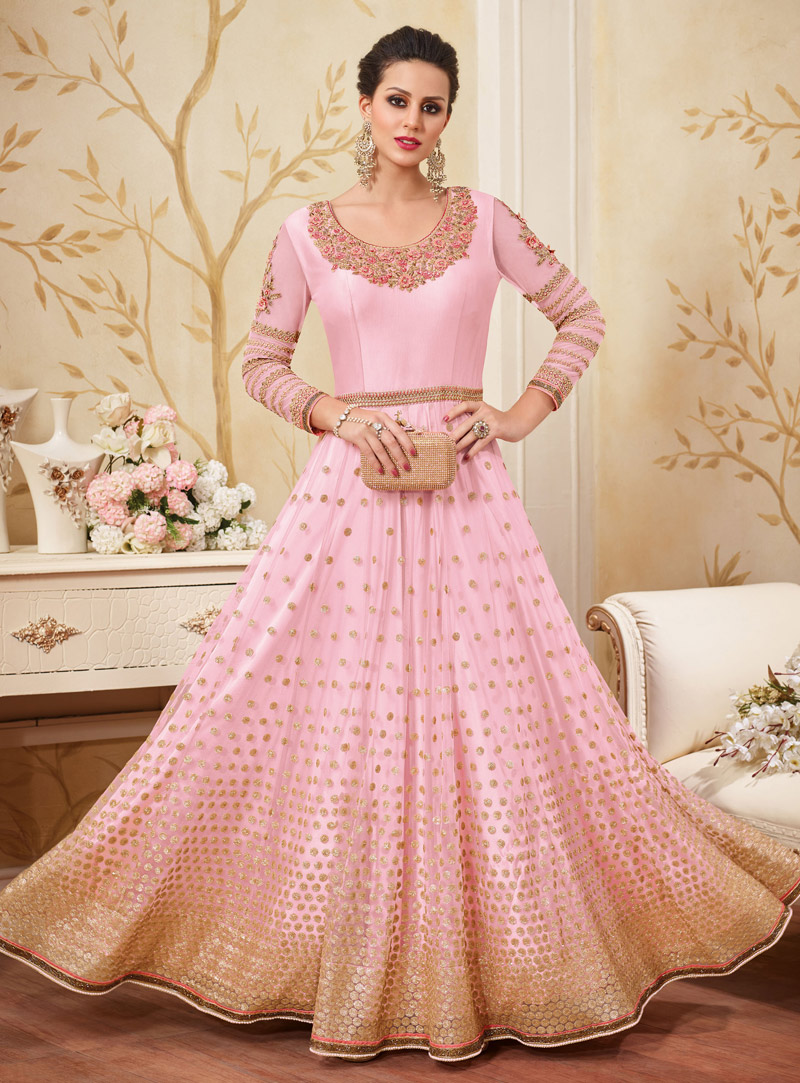 Pink Net Floor Length Anarkali Suit 104907
