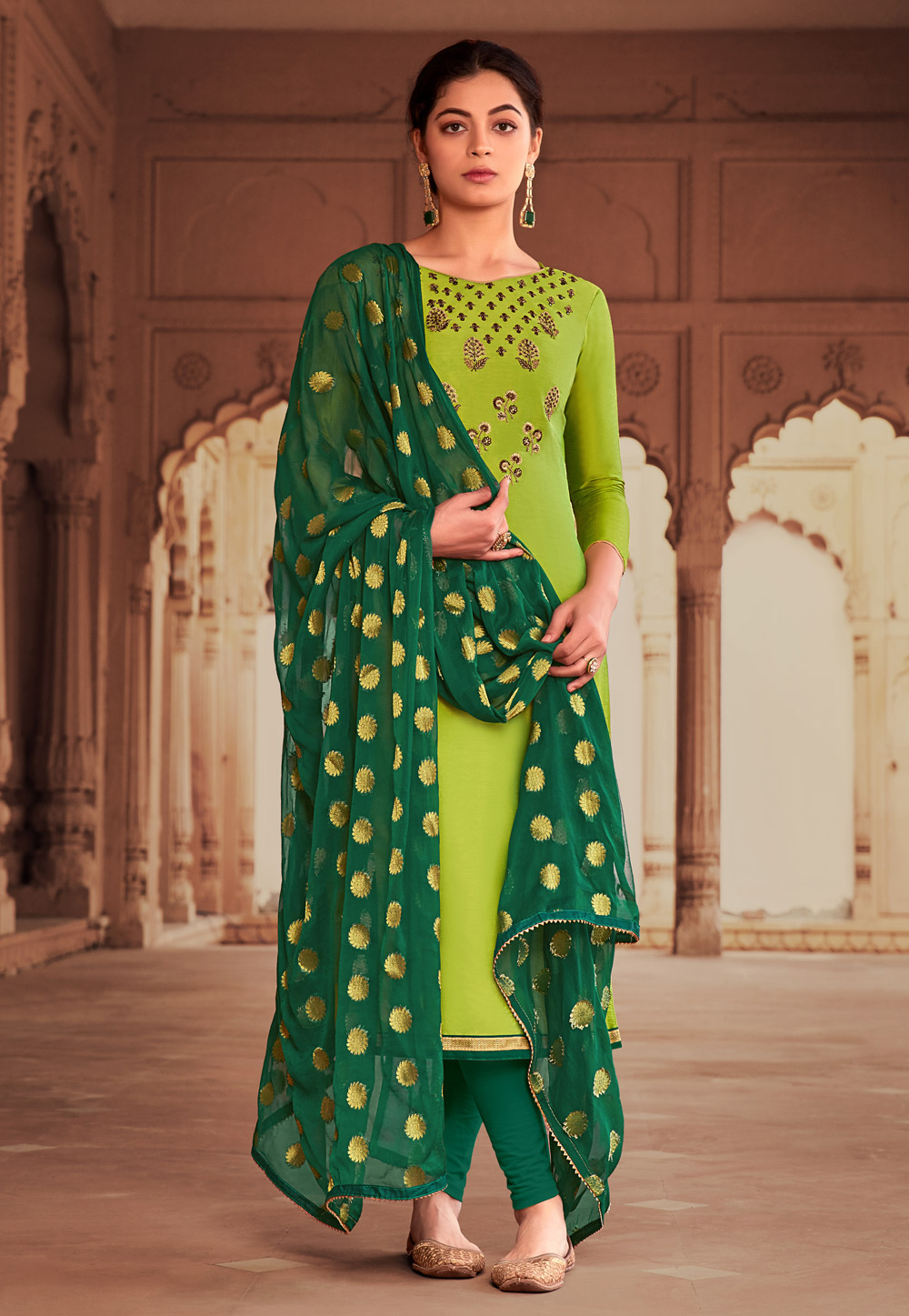 Green Banarasi Silk Churidar Salwar Kameez 213986