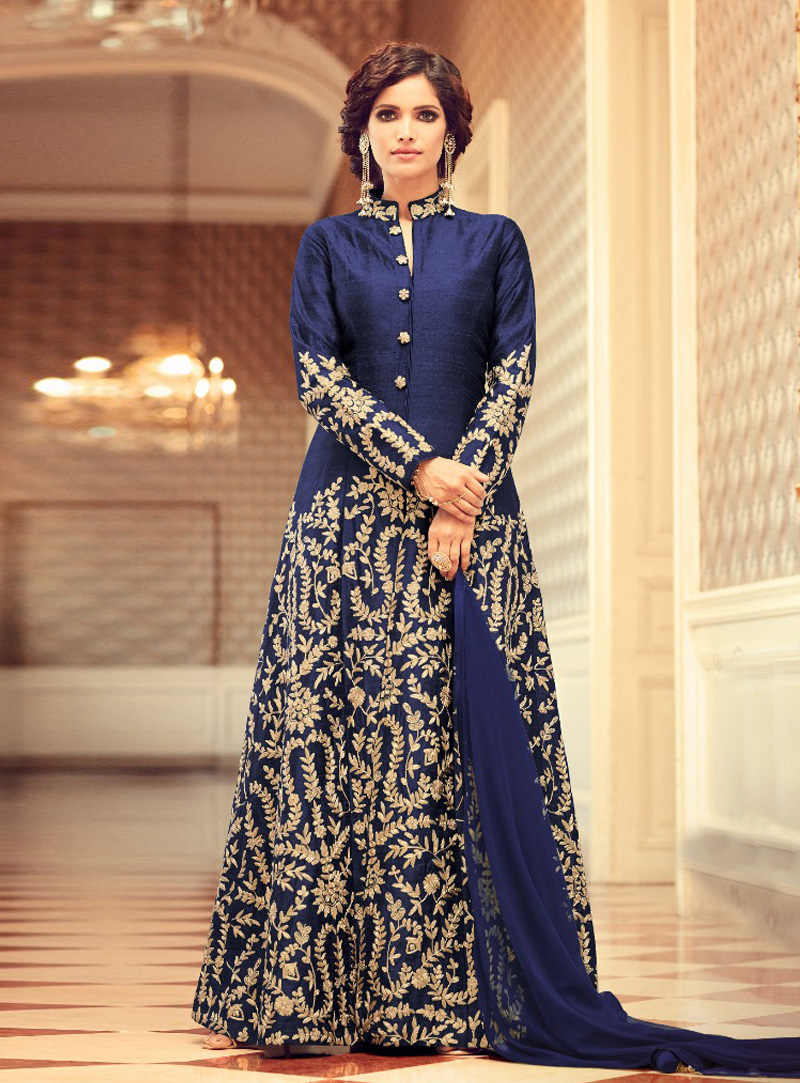 Navy Blue Taffeta Silk Long Anarkali Suit 130341