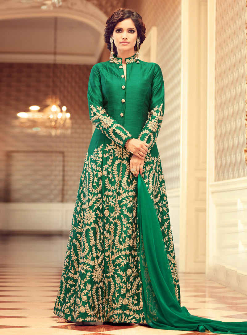 Green Taffeta Silk Center Slit Anarkali Suit 126692
