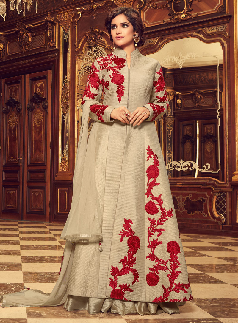 Beige Taffeta Silk Floor Length Anarkali Suit 126694