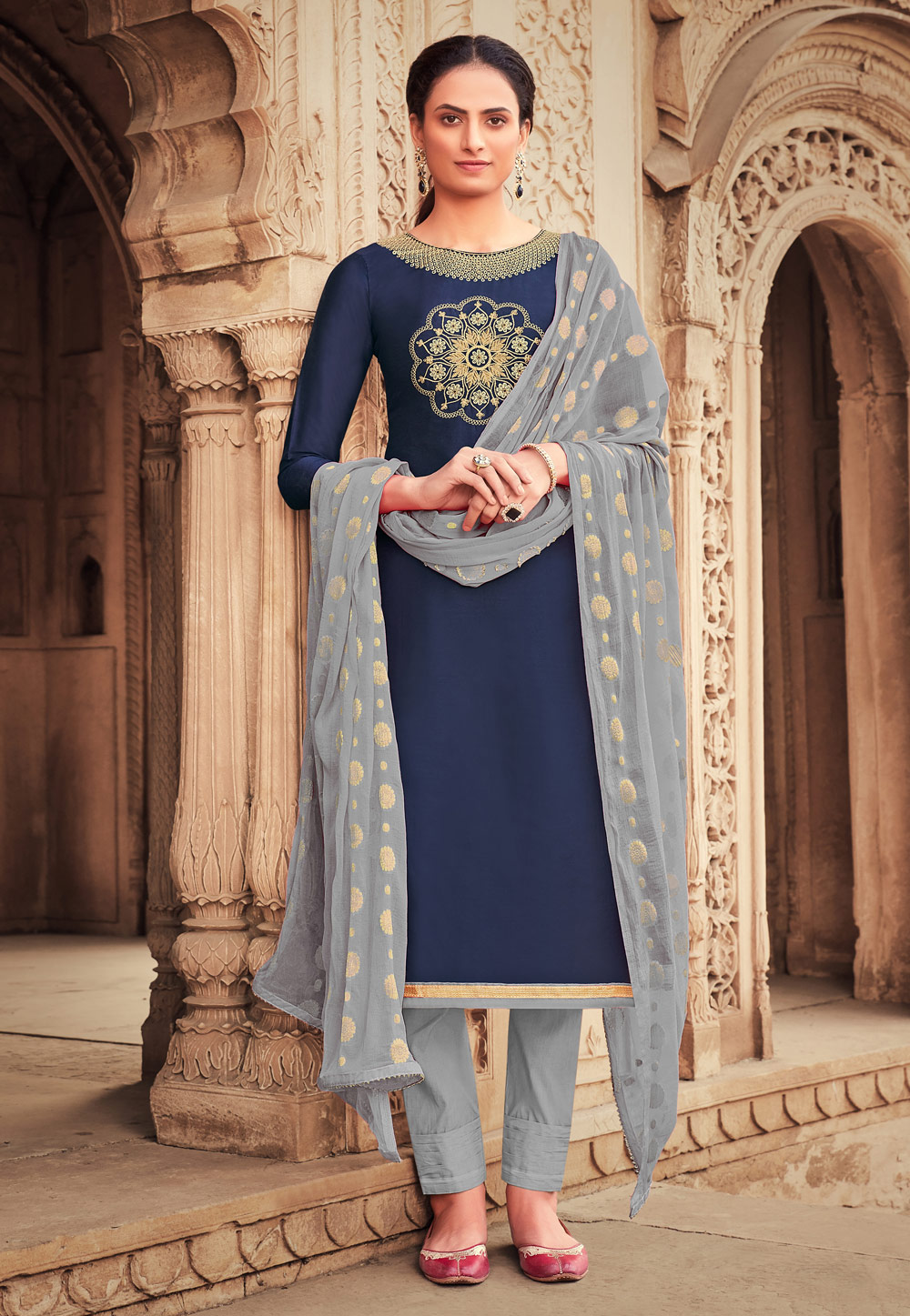 Navy Blue Banarasi Silk Pant Style Suit 213992