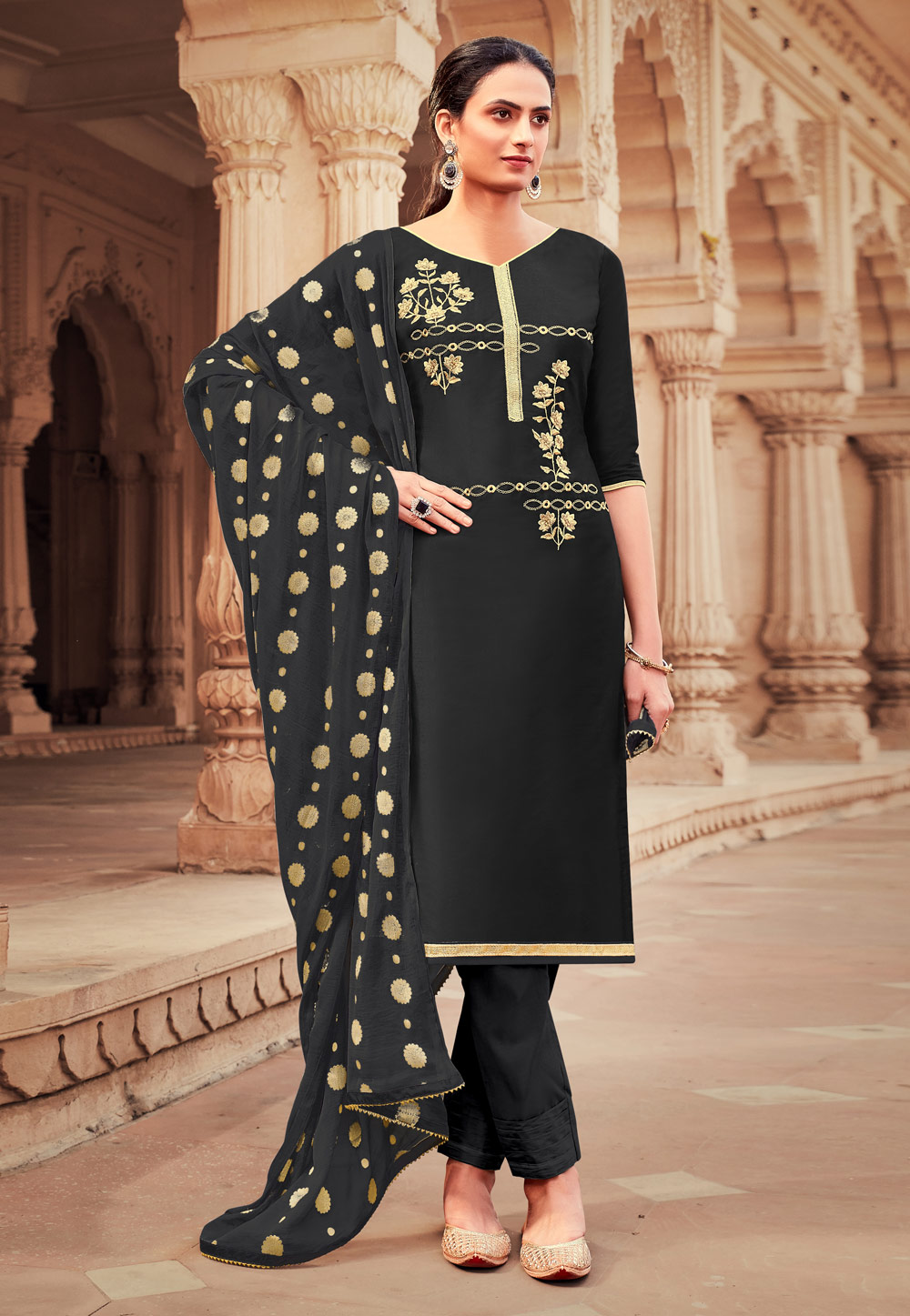 Black Banarasi Silk Kameez With Pant 213994