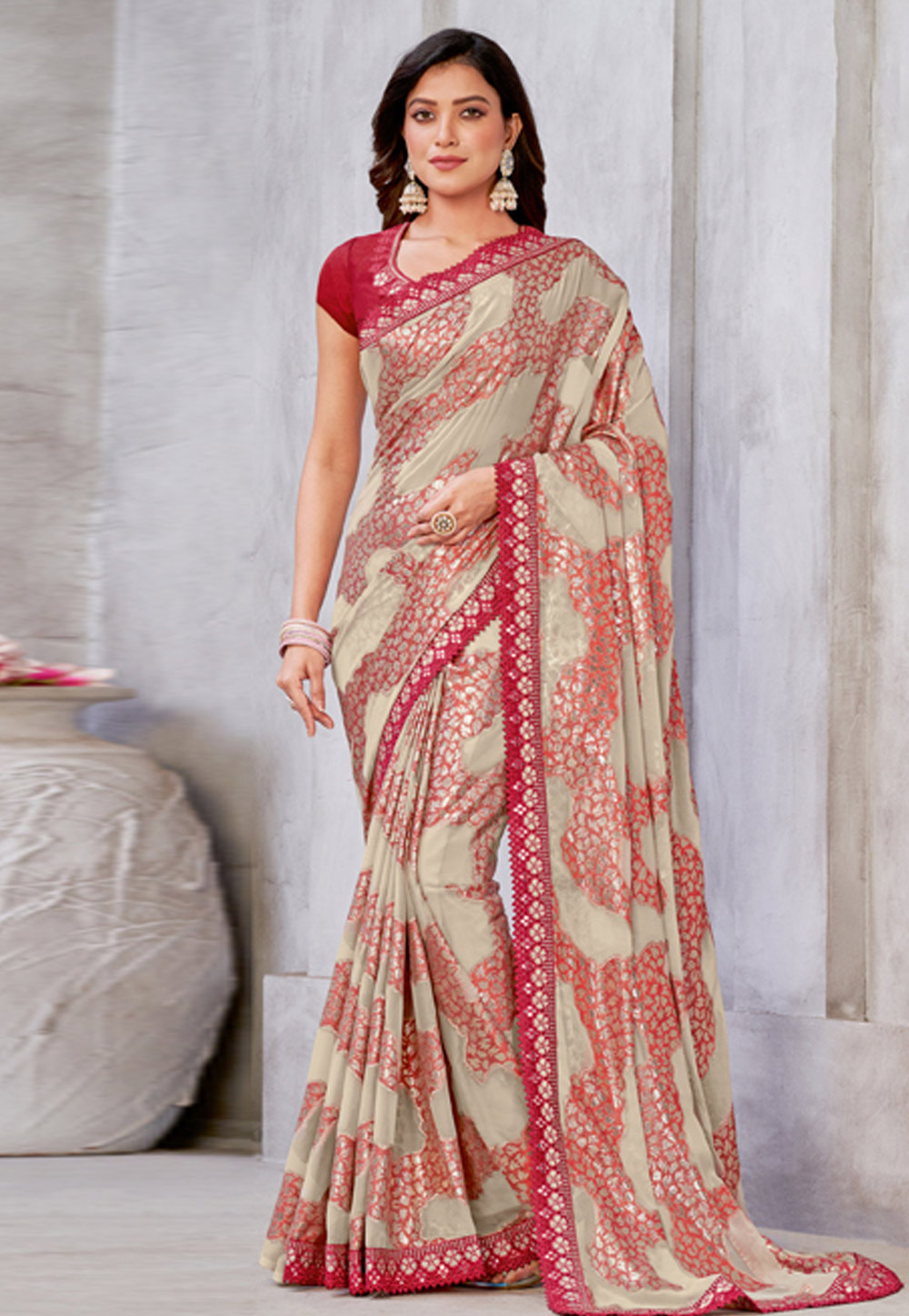 Cream Georgette Saree With Blouse 269119