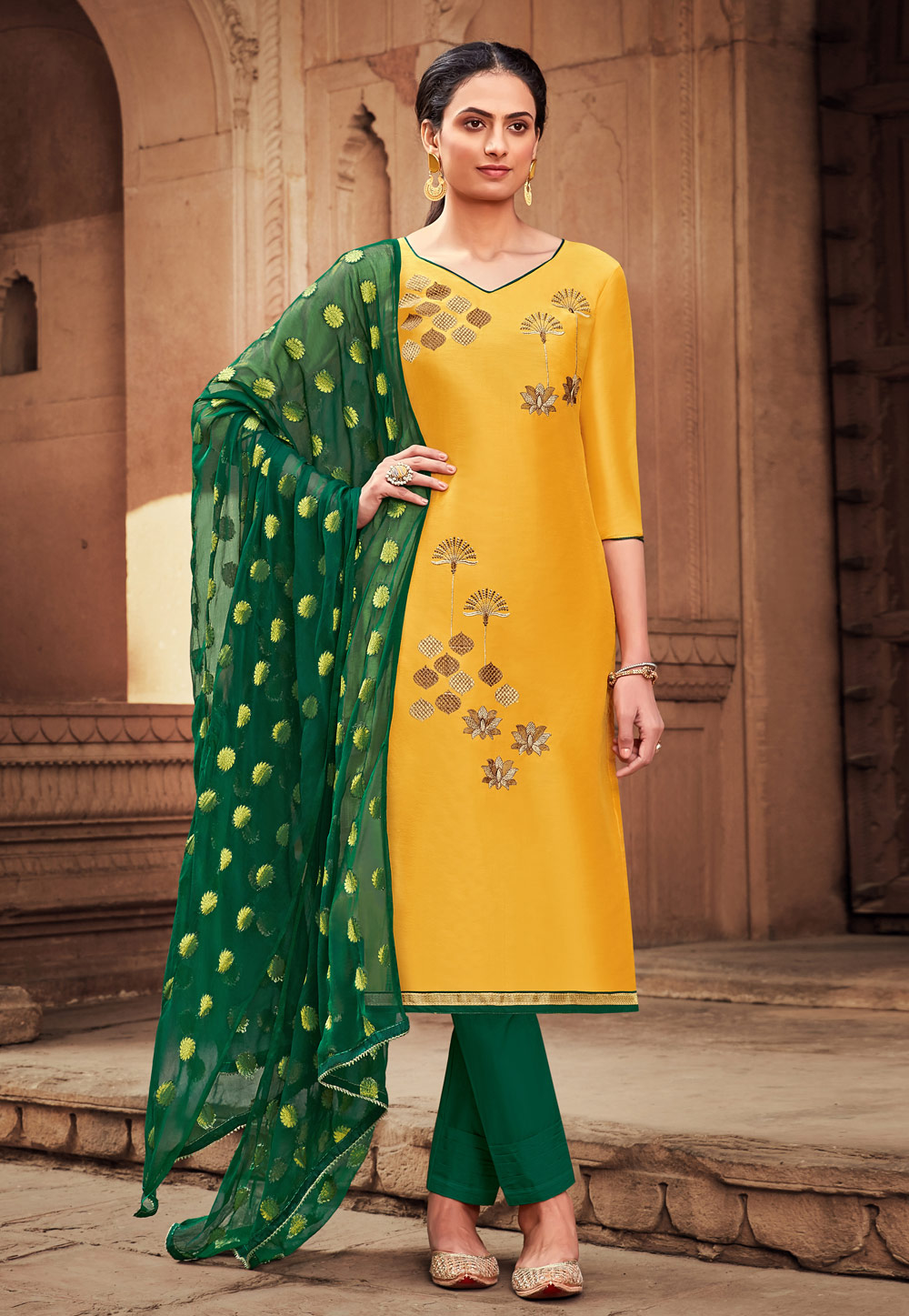 Yellow Banarasi Silk Kameez With Pant 213996