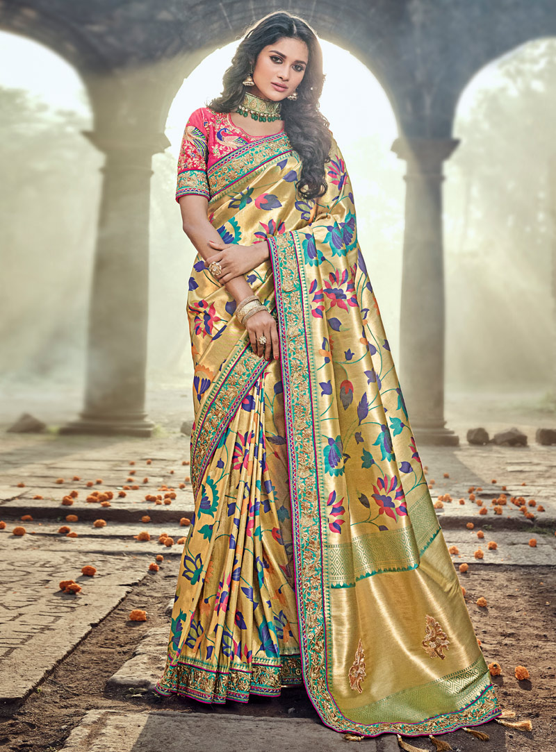 Golden Banarasi Silk Patch Lace Work Saree 121798