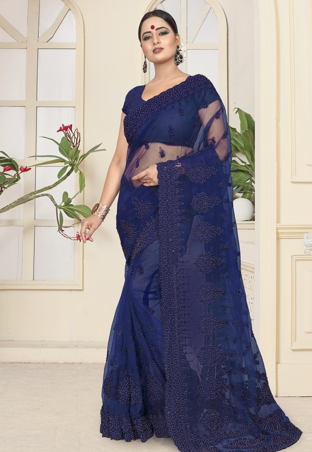 Navy Blue Net Saree With Blouse 184371