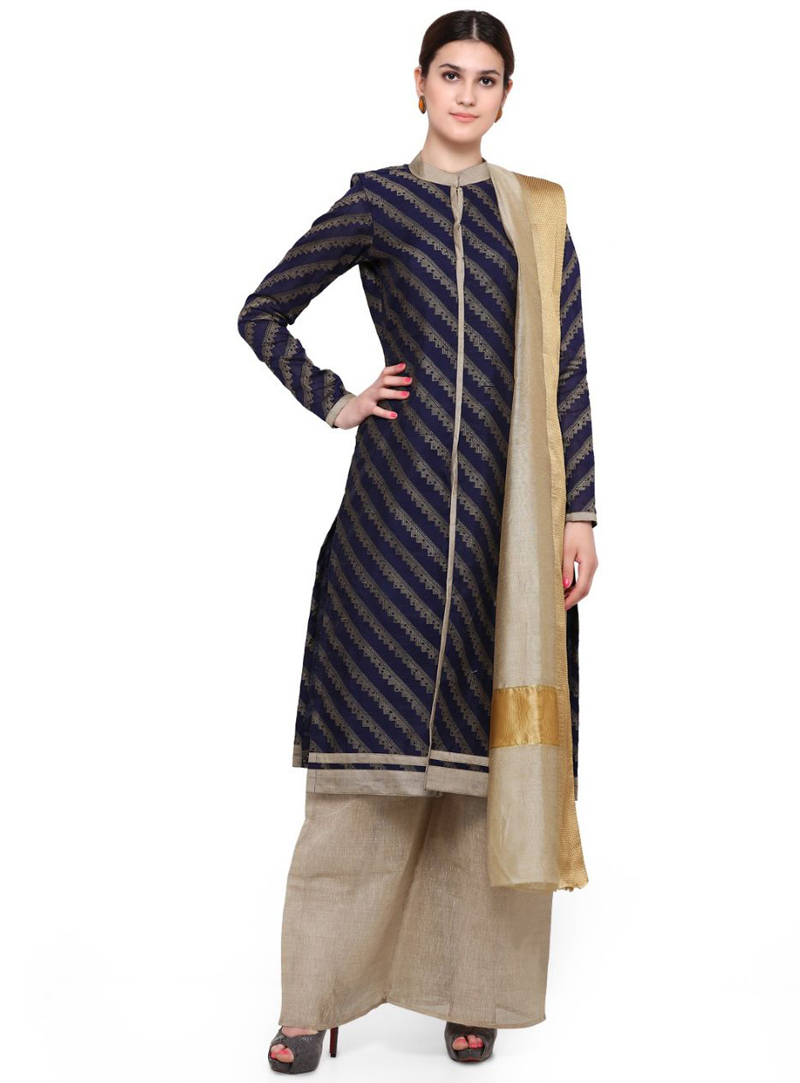 Navy Blue Cotton Palazzo Style Suit 96075