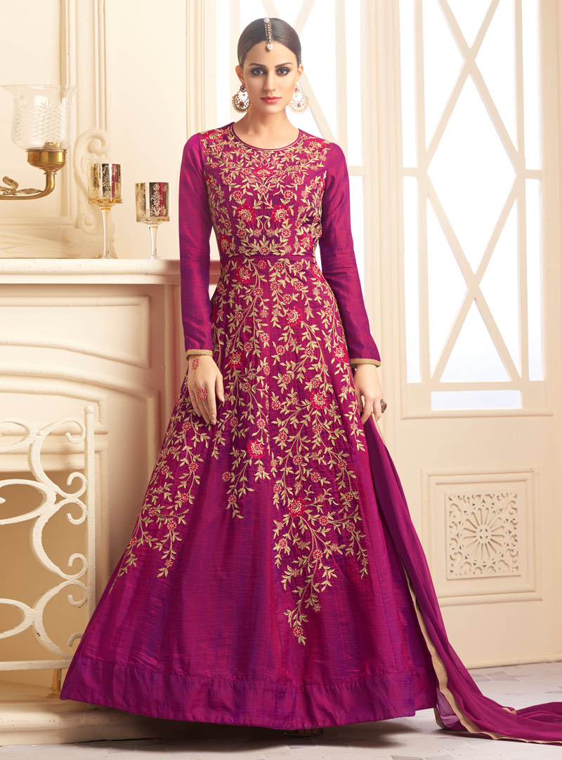 Purple Banarasi Silk Ankle Length Anarkali Suit 118449