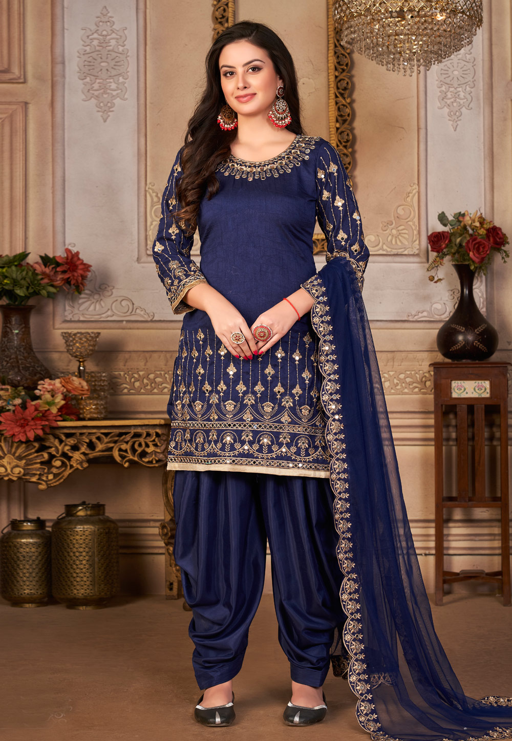 Navy Blue Art Silk Punjabi Suit 250128