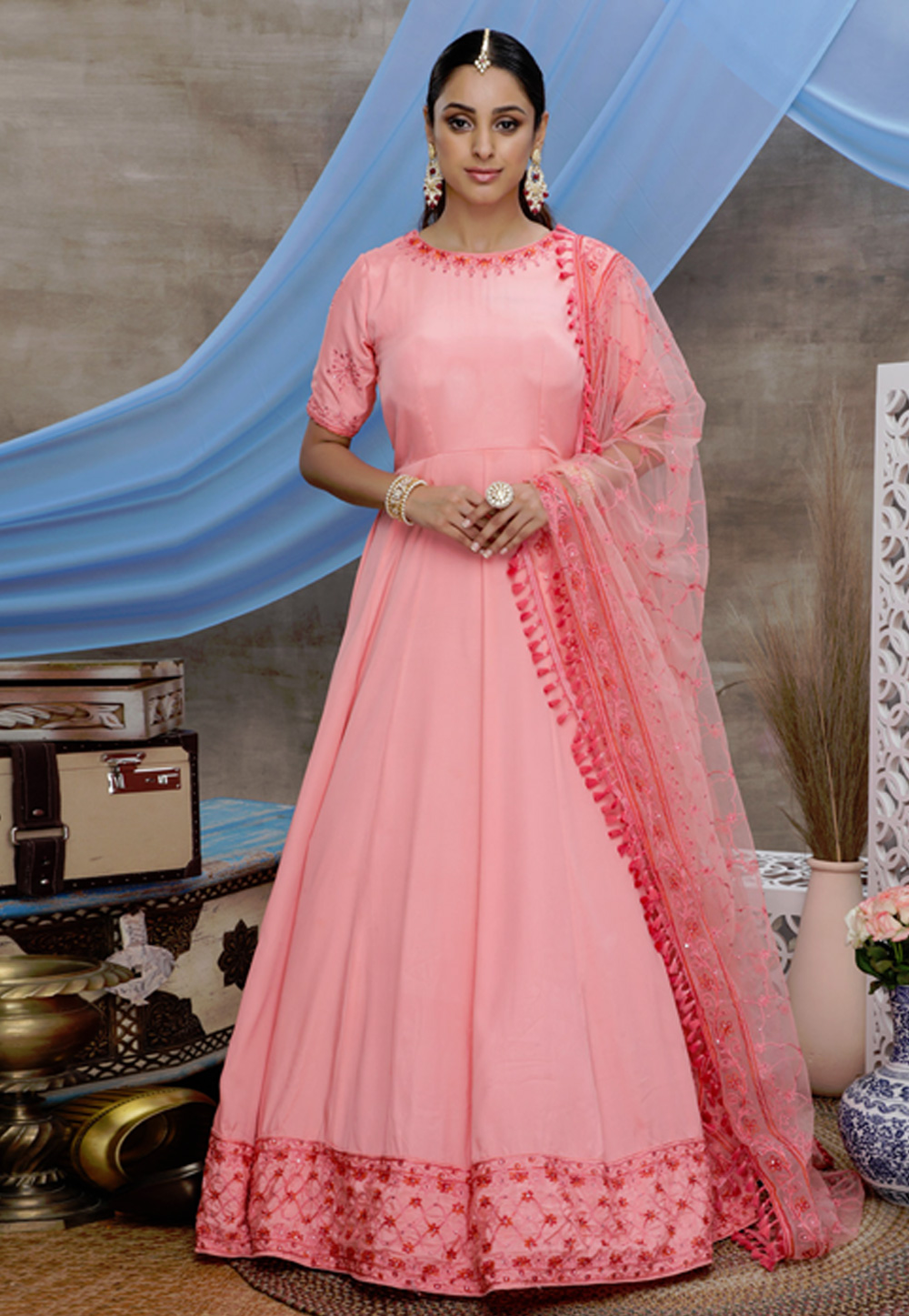 Pink Silk Abaya Style Anarkali Suit 207599