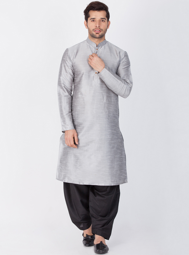 Grey Cotton Silk Readymade Pathani Suit 143753