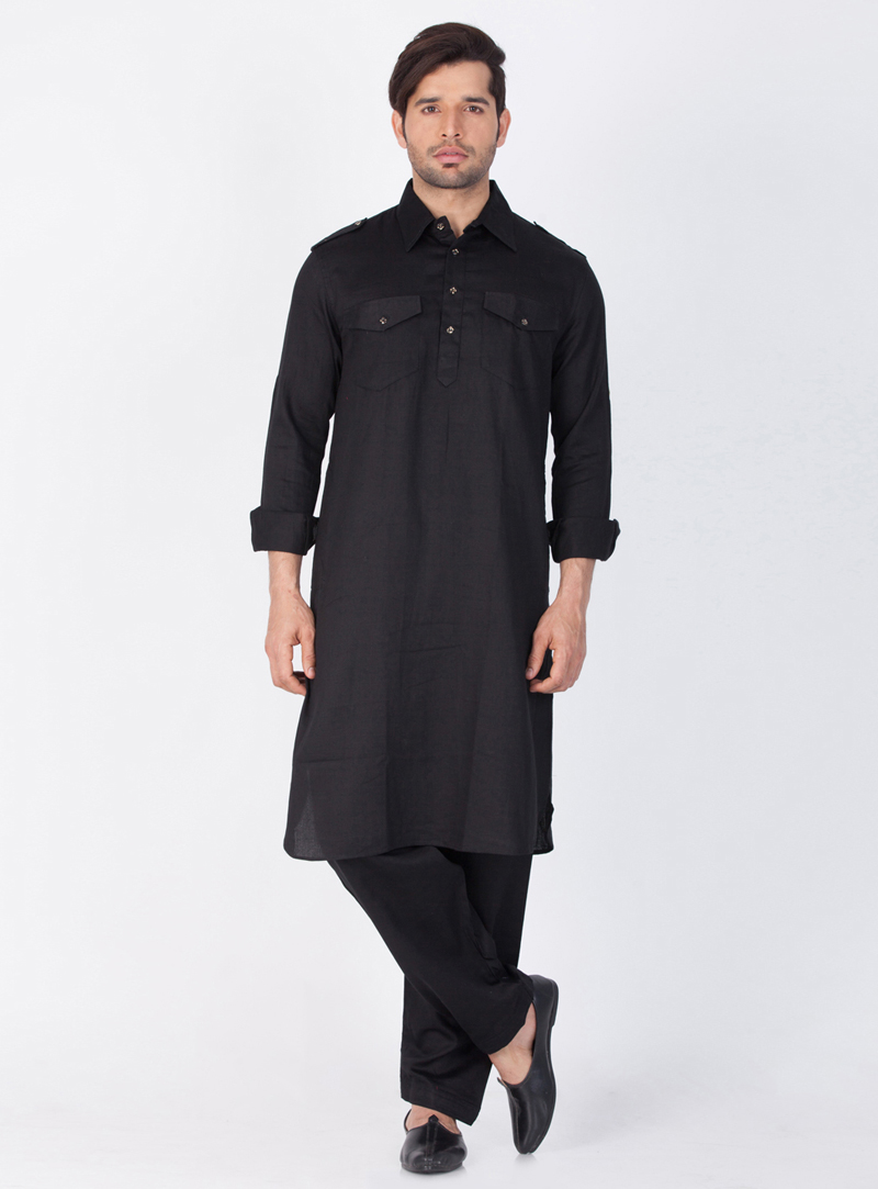 Black Cotton Readymade Pathani Suit 143754