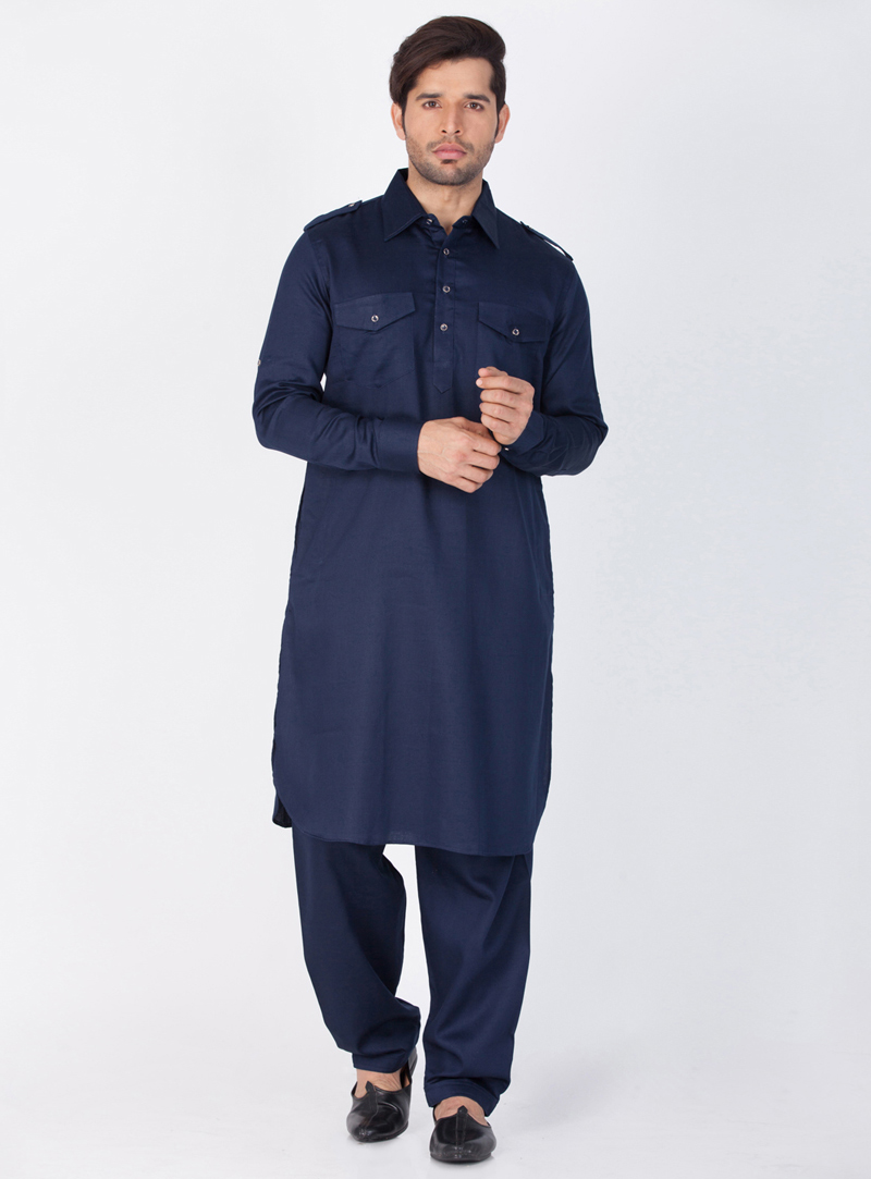 Navy Blue Cotton Readymade Pathani Suit 143755