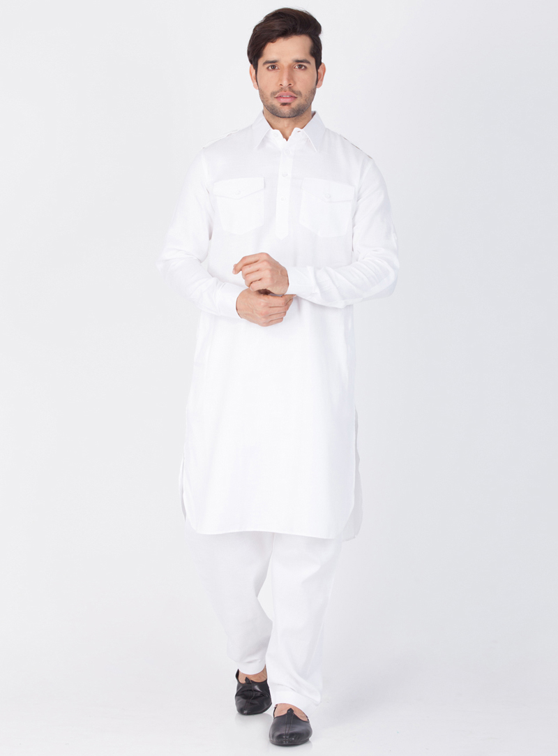 White Cotton Readymade Pathani Suit 143758