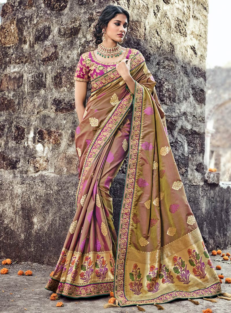 Brown Banarasi Silk Saree Embroidered Blouse 121805