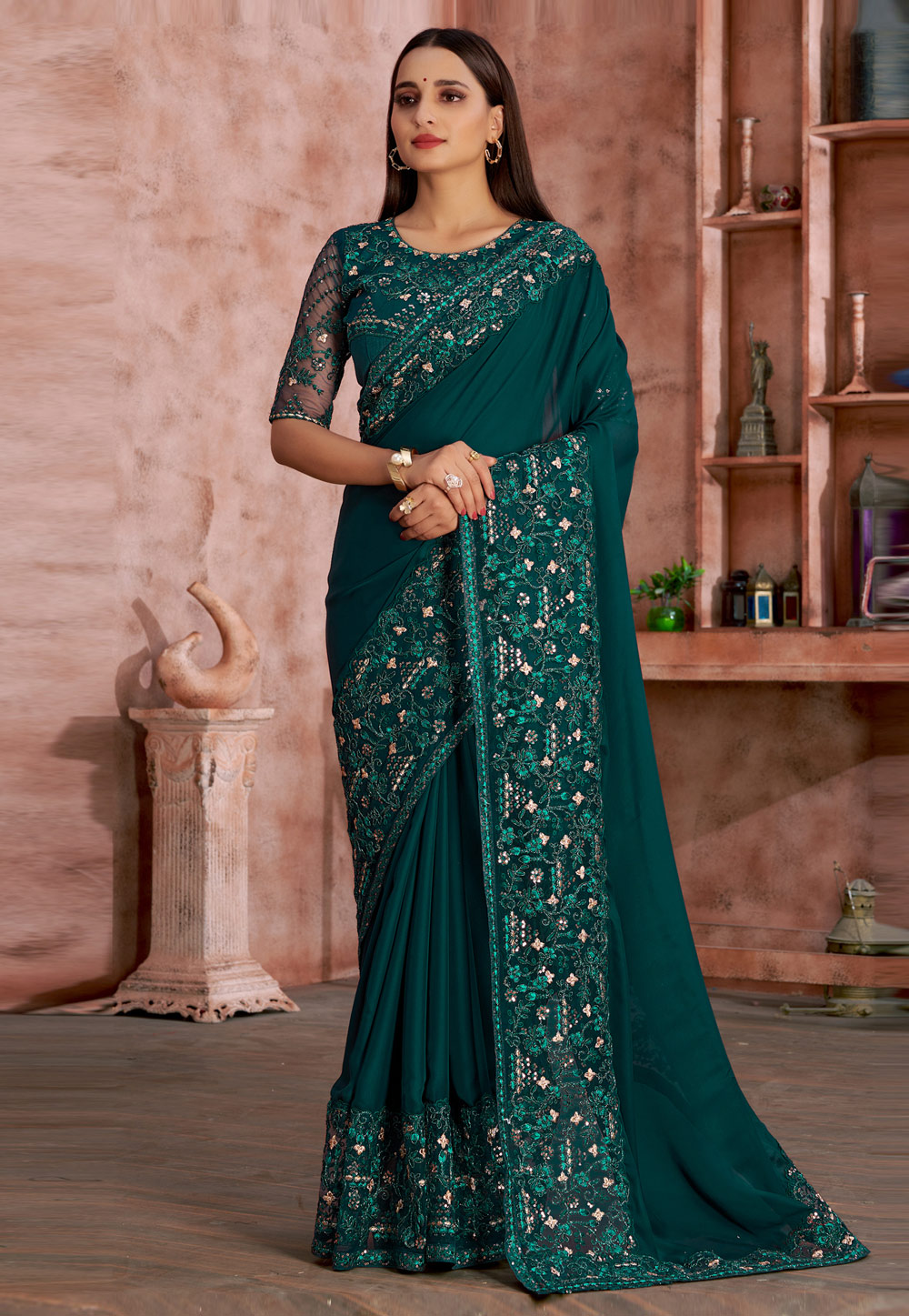 Teal Satin Georgette Saree With Blouse 245528