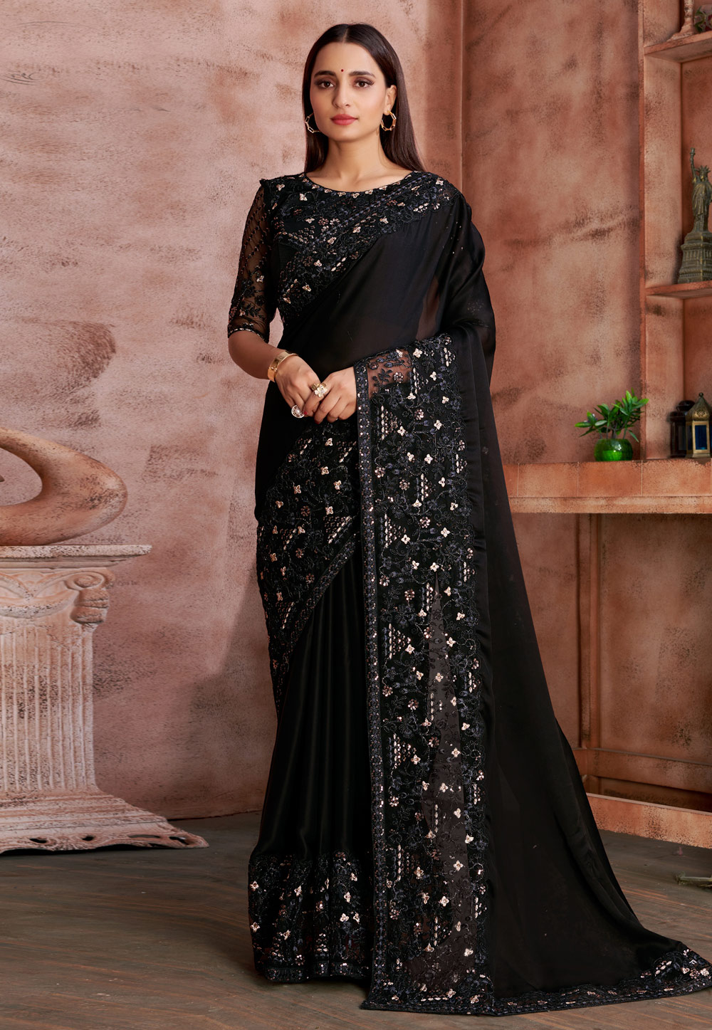 Black Satin Georgette Saree With Blouse 245530