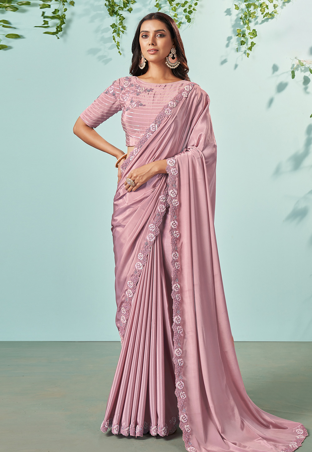 Pink Silk Crepe Plain Saree With Designer Blouse 270277