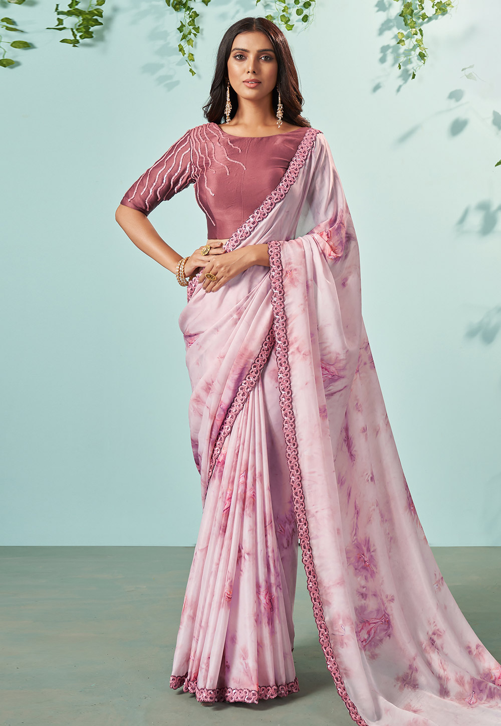 Baby Pink Saree Blouse with Plunging Neckline and Full Sleeves | TEHHO –  Blu99 Store
