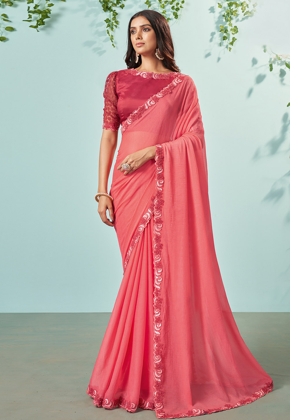 Peach Color Chiffon Fabric Casual Wear Magnificent Printed Saree