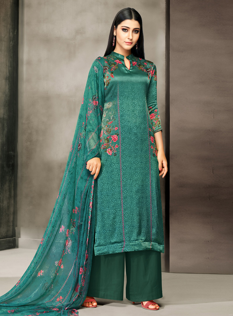 Green Satin Palazzo Style Suit 143509