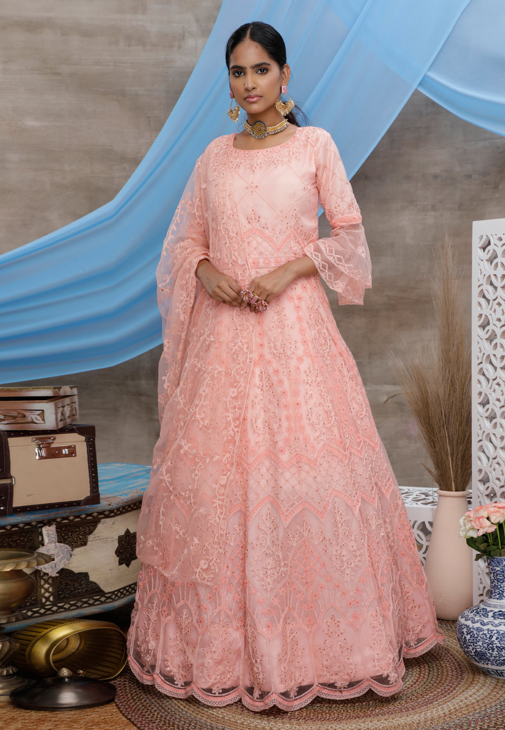 Peach Net Embroidered Party Wear Gown 207000