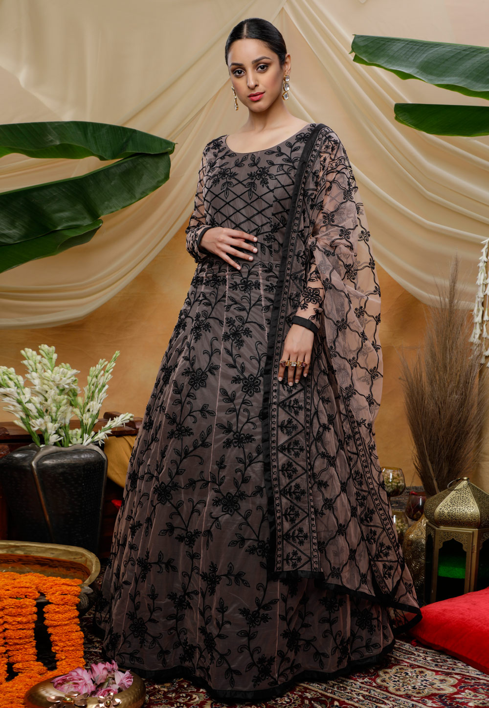 Brown Net Embroidered Gown 207002