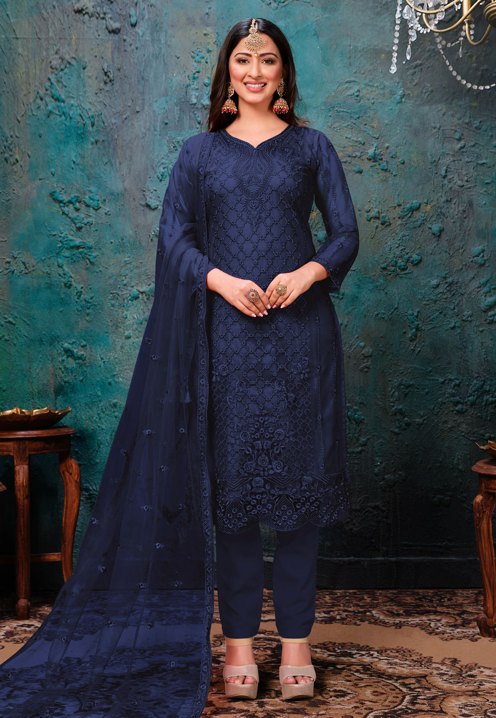 Navy Blue Net Embroidered Kameez With Pant 216889