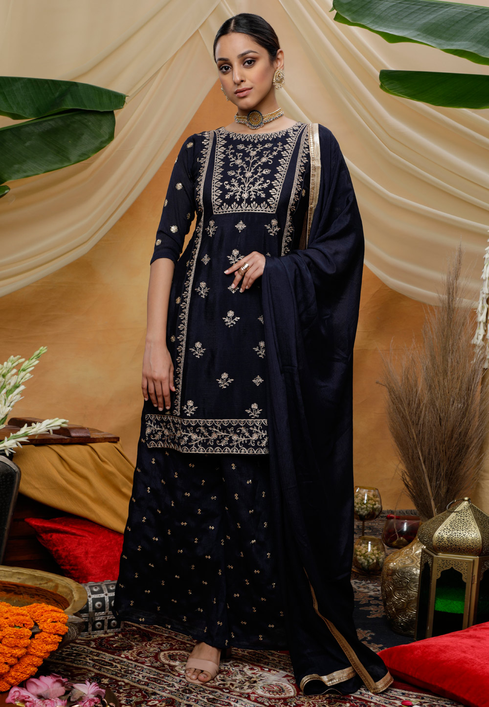 Navy Blue Chinon Kameez With Palazzo 207269